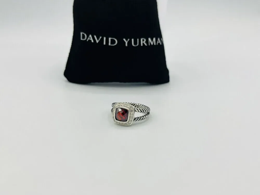 David Yurman Sterling Silver Garnet & Diamond Petite Albion Ring Size 8